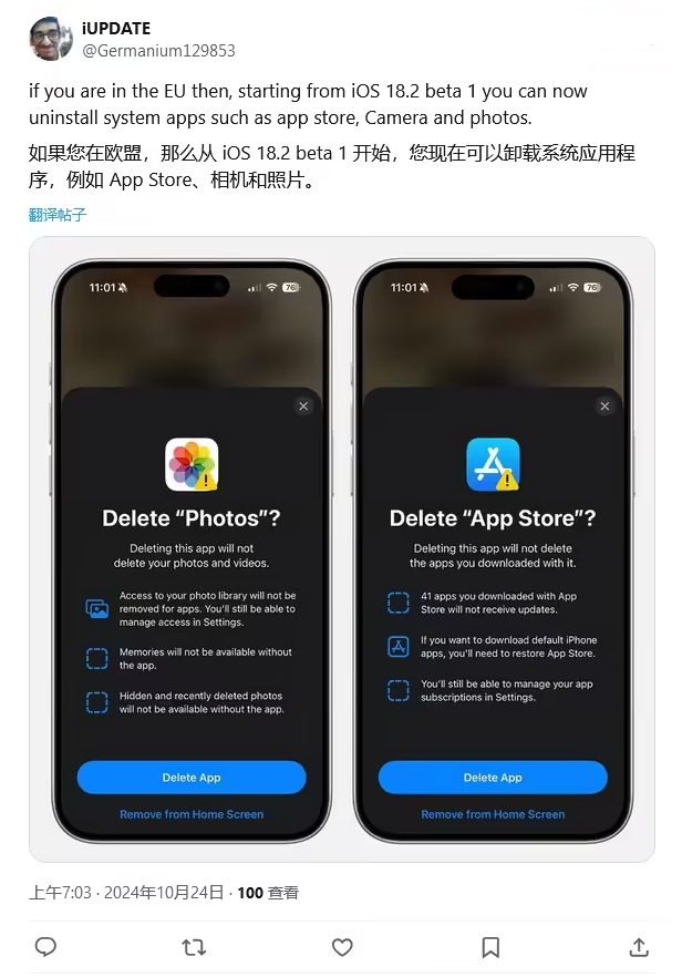 固安苹果手机维修分享iOS 18.2 支持删除 App Store 应用商店 