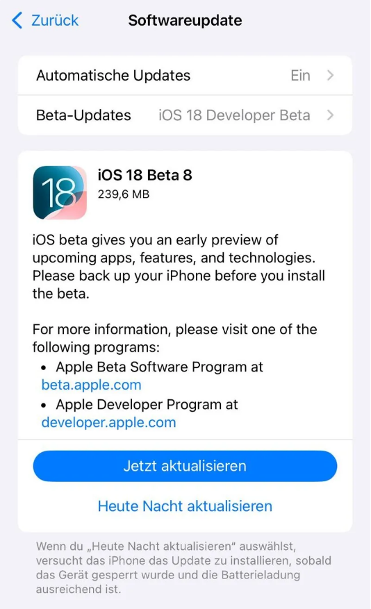 固安苹果手机维修分享苹果 iOS / iPadOS 18 开发者预览版 Beta 8 发布 